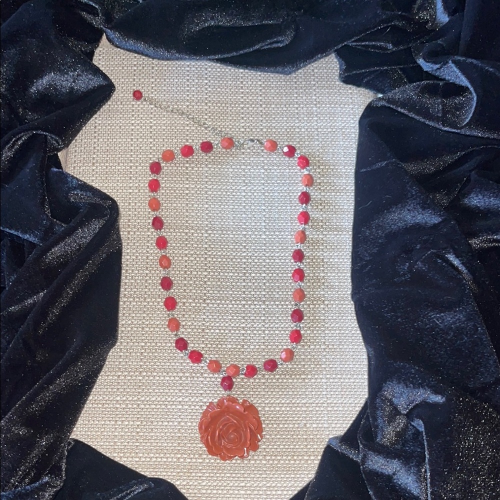 Avon Red Beaded Necklace with Elegant Pendant